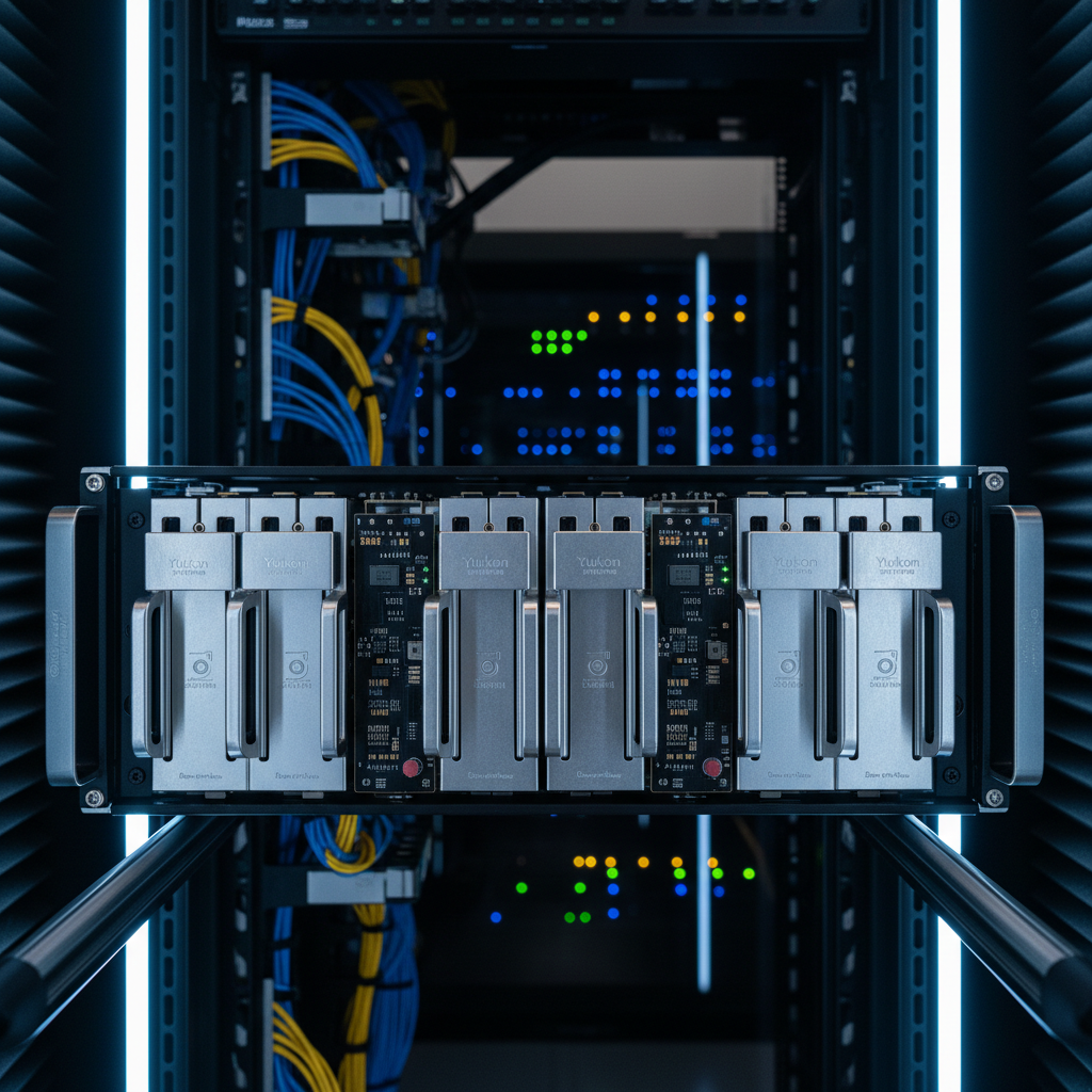 A sleek rack-mounted server chassis partially open to reveal meticulously organized ARM-based processing modules and custom Yukon Systems semiconductor boards, all secured with brushed aluminum brackets. The server sits in a dark, acoustically treated equipment room, with tidy cable runs and softly glowing status lights receding into the background. Cool, controlled LED strip lighting along the rack edges casts a precise, technological glow, creating subtle reflections on polished metal and matte PCB surfaces. Captured at eye level with a moderate depth of field, the composition uses leading lines of rails and cables to draw the viewer inward, evoking reliability, professionalism, and quiet computational power.