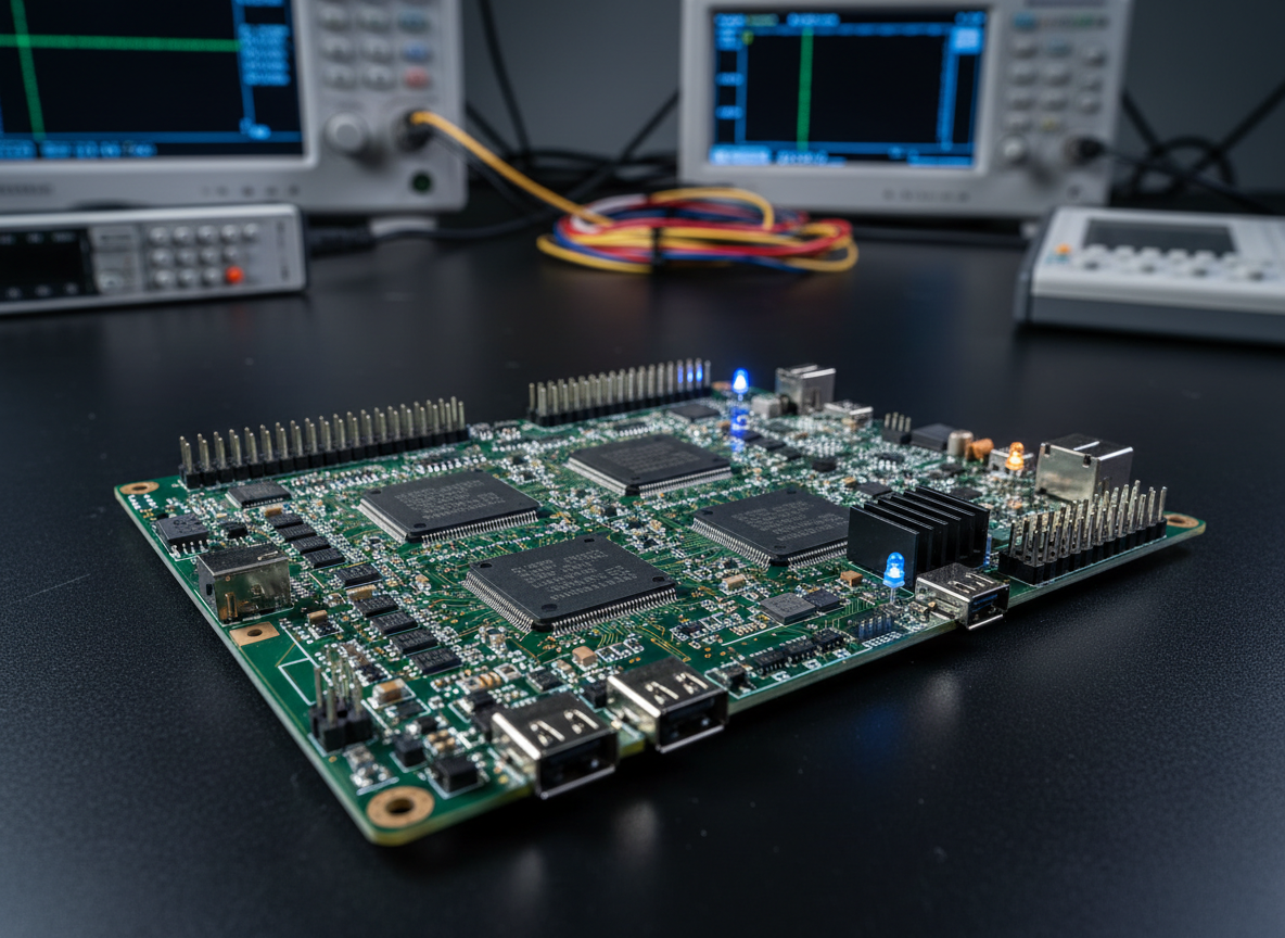 A close-up, photographic realism view of a precision-engineered FPGA development board resting on a matte black lab bench. Intricate green PCB traces, fine-pitch BGA packages, and neatly labeled I/O headers are in sharp focus, with tiny status LEDs glowing a soft blue and amber. In the softly blurred background, faint outlines of oscilloscopes and logic analyzers suggest an advanced lab environment. Cool, diffused overhead lighting reflects subtly off metallic connectors, creating crisp highlights and gentle shadows. Shot at a shallow depth of field from a slightly elevated angle, the composition feels clean, modern, and highly professional, conveying cutting-edge embedded engineering without any clutter or human presence.