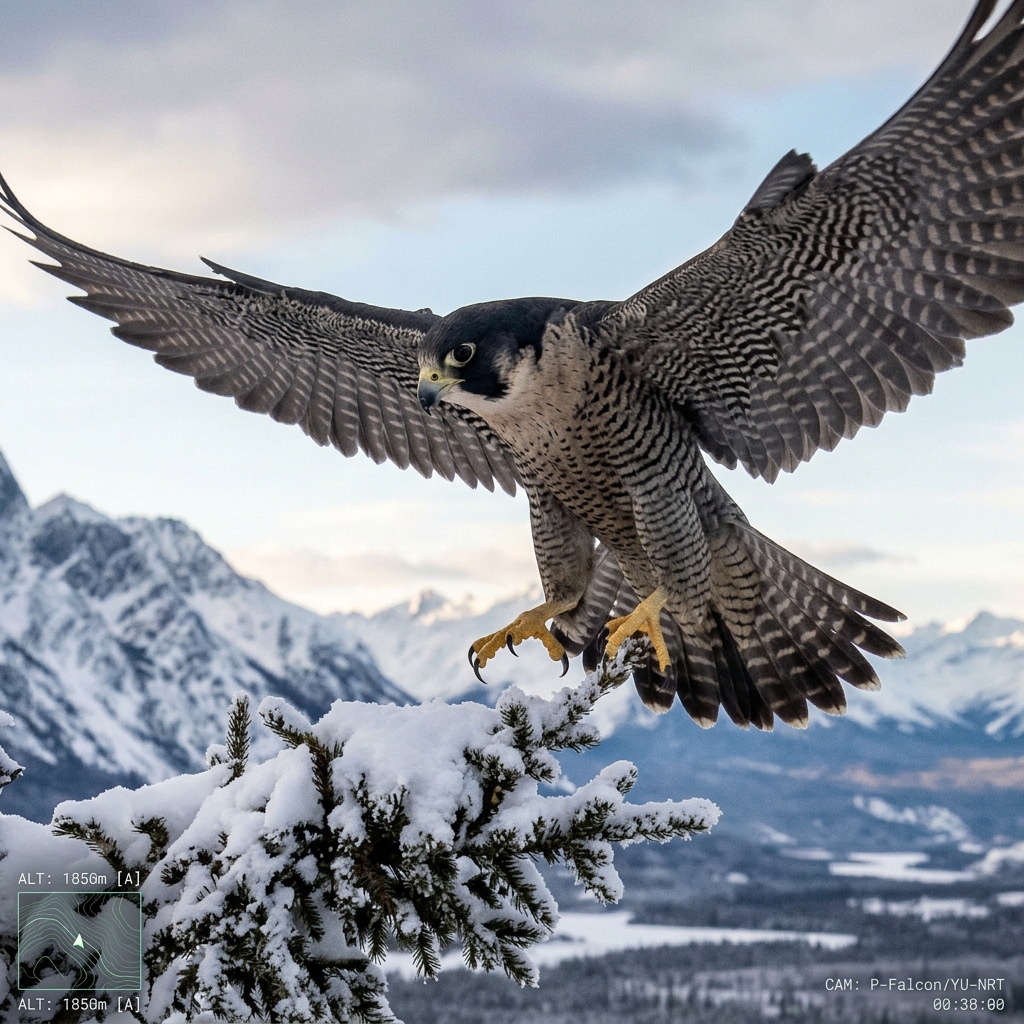 Peregrine falcon flying above a snow-covered evergreen in mountain wilderness